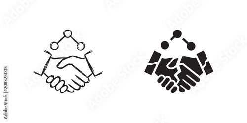 Icon set featuring handshake silhouettes and network connection nodes representing professional collaboration teamwork and corporate business partnership.