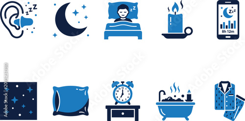 Obraz na plátne Various icons related to sleep, relaxation, and night time activities on transparent background