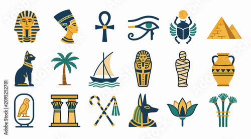 Bild auf Leinwand Colorful Ancient Egyptian Symbols and Icons Collection.
