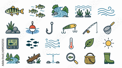 Foto Colorful fishing and nature icons set illustration.