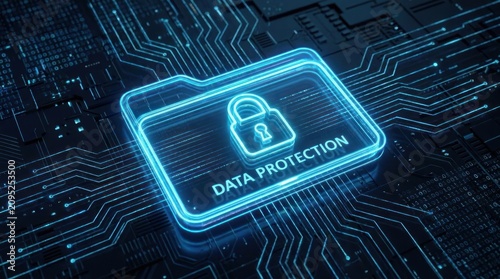 Glowing digital folder lock icon cybersecurity data protection technology concept