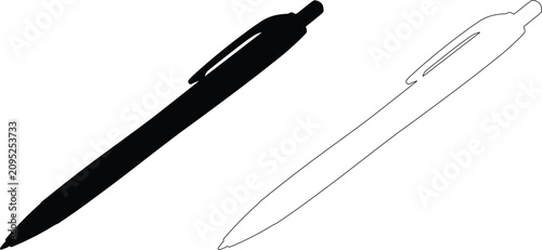 Black silhouette pen and its white outline drawing on isolated white background with silhouette stationery instrument education illustration isolated