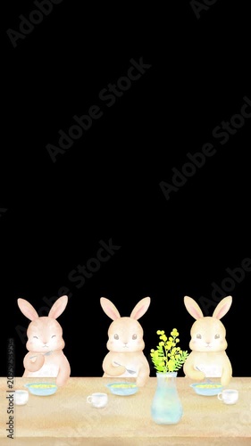 テーブルを囲んで仲良くご飯を食べる3匹のうさぎの縦型α付きループアニメーション。家族のだんらん、楽しい食事。
