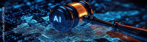 Judge gavel with glowing AI letters on its head resting over an illuminated digital circuit map, evoking futuristic authority and regulatory tension