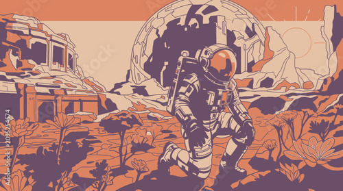 Illustration stylisée d'un astronaute agenouillé sur une planète extraterrestre avec une flore étrange et un dôme futuriste en arrière-plan dans une palette de couleurs orange et violette.