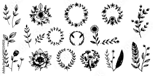 Botanical and floral illustrations set with intricate black and white line work and shading arranged in a grid pattern featuring leaves, flowers, wreaths, feathers with minimalist style and mood