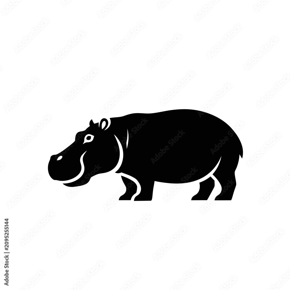 Obraz premium Black Silhouette of a Hippopotamus on White Background, Vector Graphic