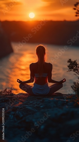 silhouette of a person sitting cross-legged in meditation on a rocky cliff at sunset with golden sun reflecting on calm water, peaceful and contemplative mood