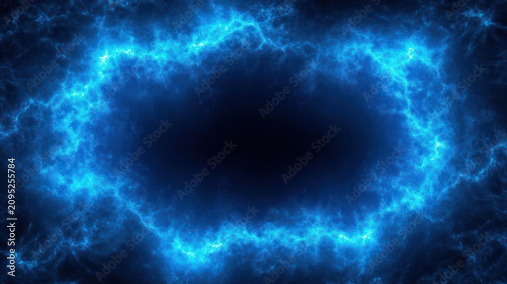 Naklejka premium glowing blue electric plasma ring and lightning halo around a dark void, mysterious intense cosmic energy vortex