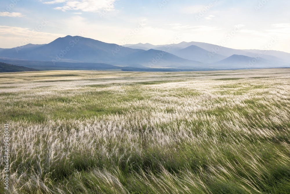 Fototapeta premium A vast meadow of silver grass waving in the breeze before distant mountains.
