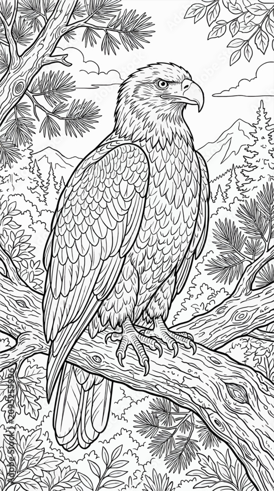 Fototapeta premium Black and White Coloring Page Vector Illustration of a Majestic Bald Eagle Perched on a Tree Branch, Wings Tucked, with Pine Trees and Mountains in the Background, Detailed Line Art for Adults and