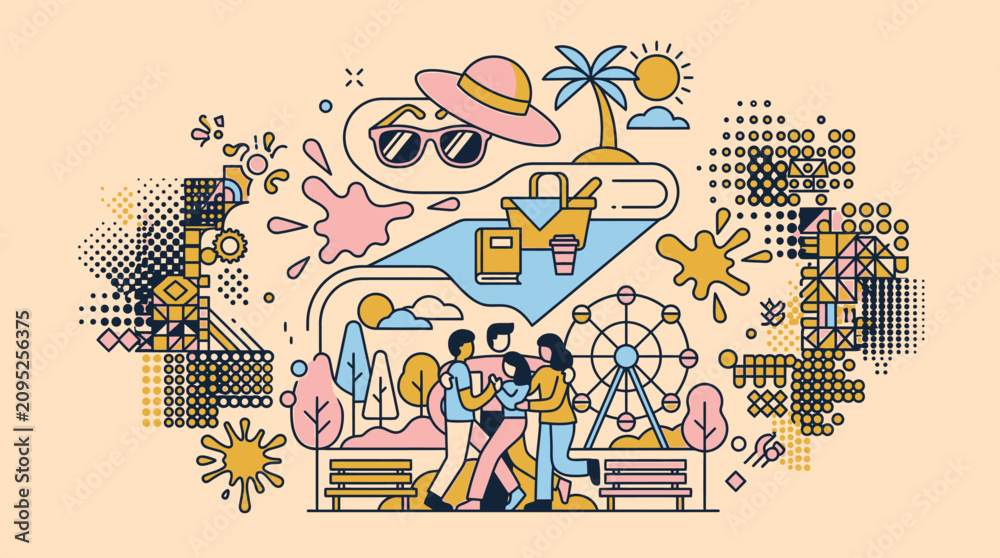 Obraz premium 公園で楽しむ家族や友人のグループを描いたフラットなラインアートスタイルのイラストで、観覧車やピクニック、夏のレジャーの要素が組み合わされたカラフルでモダンなデザインです。