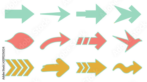 Ensemble de douze flèches directionnelles colorées au design plat, comprenant des formes variées, des styles géométriques et des lignes dynamiques sur un fond blanc épuré pour le design graphique.