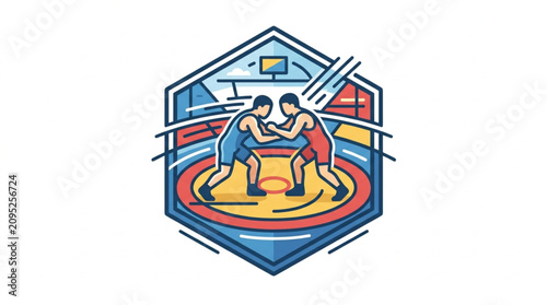 Quadro su tela Colorful illustration of two wrestlers in a match.