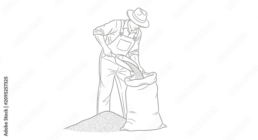 Obraz premium Farmer Filling Sack with Grain - Agricultural Harvest and Rural Work