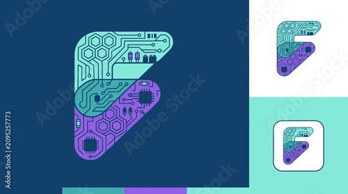 Conception créative de la lettre F stylisée sous forme de circuit imprimé électronique avec des nuances de bleu et de violet, idéale pour une identité visuelle technologique moderne.