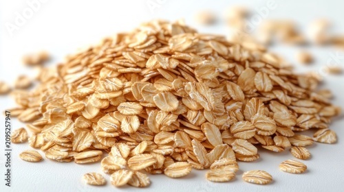 pile of uncooked rolled oats and scattered oat flakes on a white background, warm wholesome comforting close-up