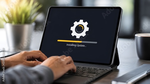 Installing system update on tablet computer representing operating system maintenance and digital technology upgrade