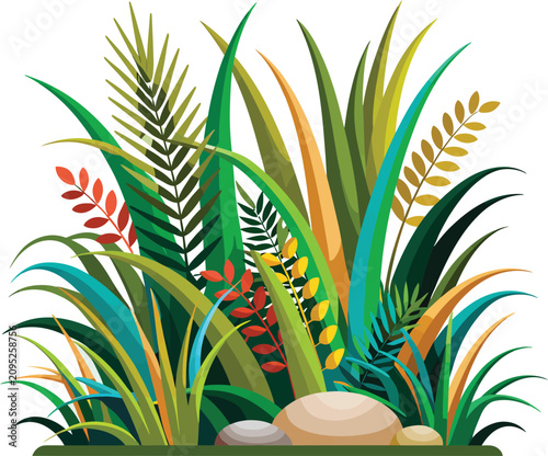 Vibrant tropical plants and colorful leaves with smooth rocks illustration