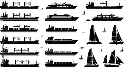 Bilde på lerret Vector set of ship and boat silhouettes including cargo vessels luxury yachts an