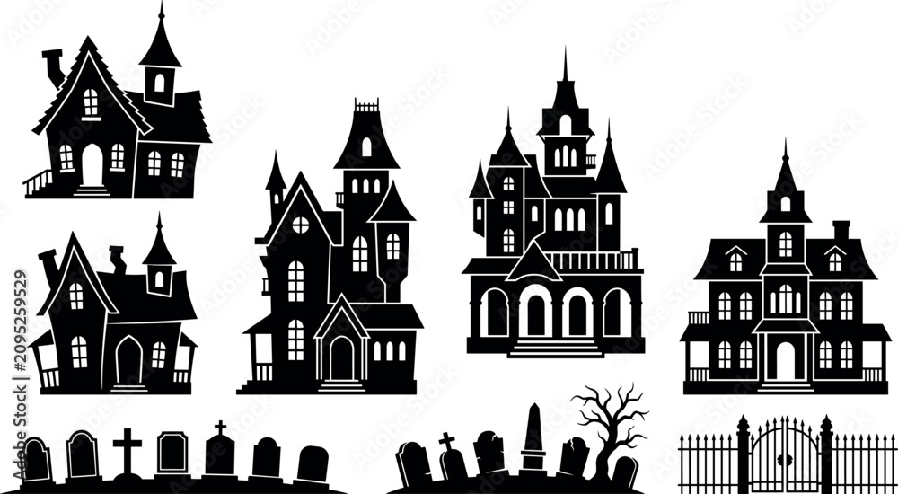 Fototapeta premium Halloween haunted house silhouettes vector collection with spooky mansions graveyard tombstones and iron fence