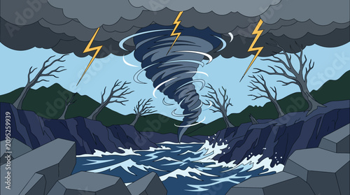 Tableau sur toile Cartoon illustration of a violent tornado and lightning storm hitting a rocky coast with crashing waves