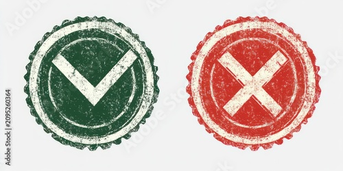 distressed green circular approval stamp with check mark next to distressed red circular rejection stamp with cross on white background conveying approval and disapproval