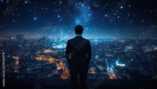 man in a suit standing on a rooftop overlooking an illuminated city skyline beneath a vast star-filled night sky, contemplative and awed