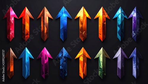 Colorful Crystal Arrows Pointing Upward on Dark Background.