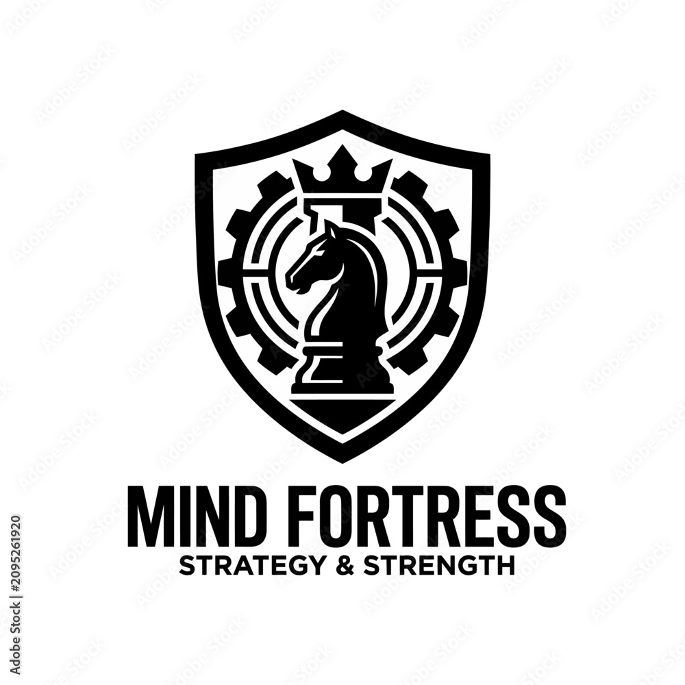 Fototapeta premium Chess knight shield logo for business strategy.