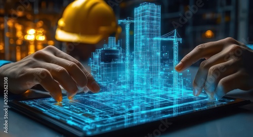 Hands manipulating a glowing holographic city model on a tablet at a construction site, conveying focused innovation and precision