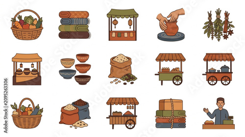 Colorful pixel art market stall and produce illustrations.