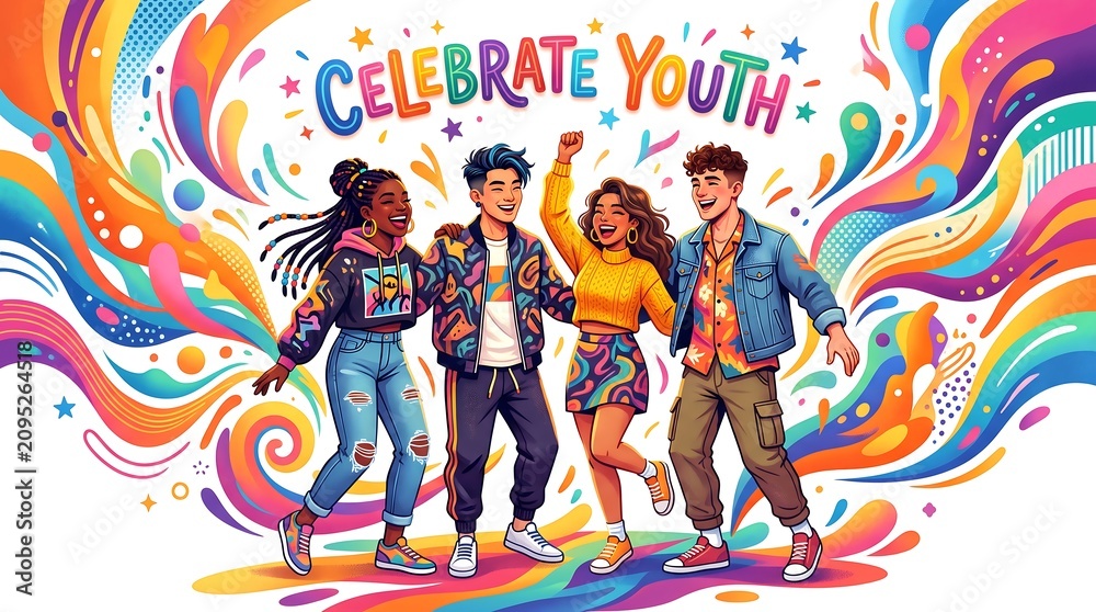 Naklejka premium Diverse young people celebrating. Youthful friends having fun together. Group of teenagers enjoying life