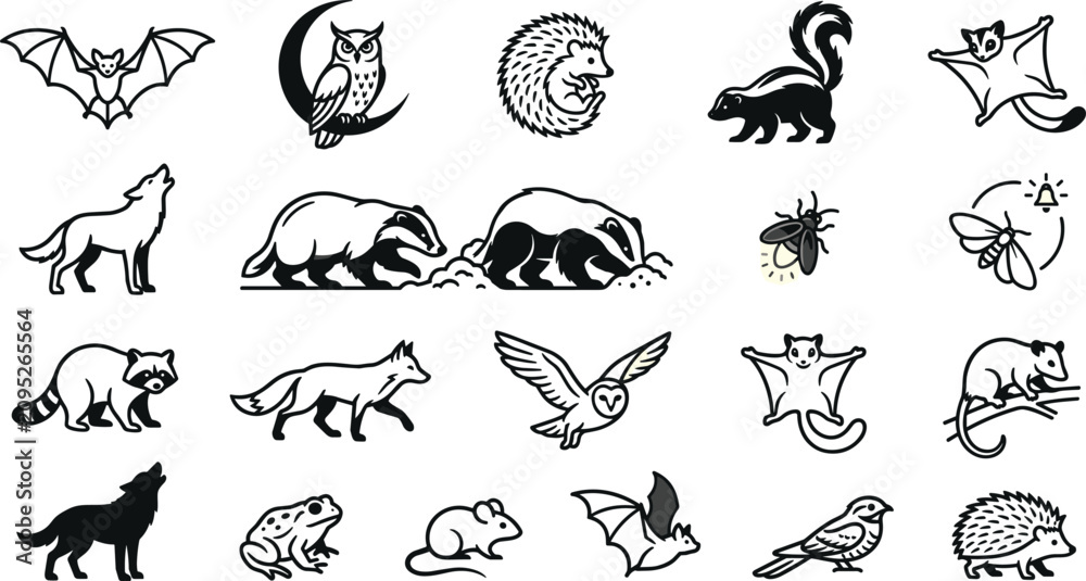 Obraz premium Nocturnal Animals and Forest Wildlife Vector Icon Set with Bat, Owl, Wolf, Raccoon, Fox, Badger, and Porcupine Symbols for Nature T-Shirt Designs