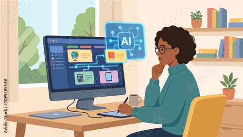 Female digital artist using artificial intelligence tool on computer for creative project at home
