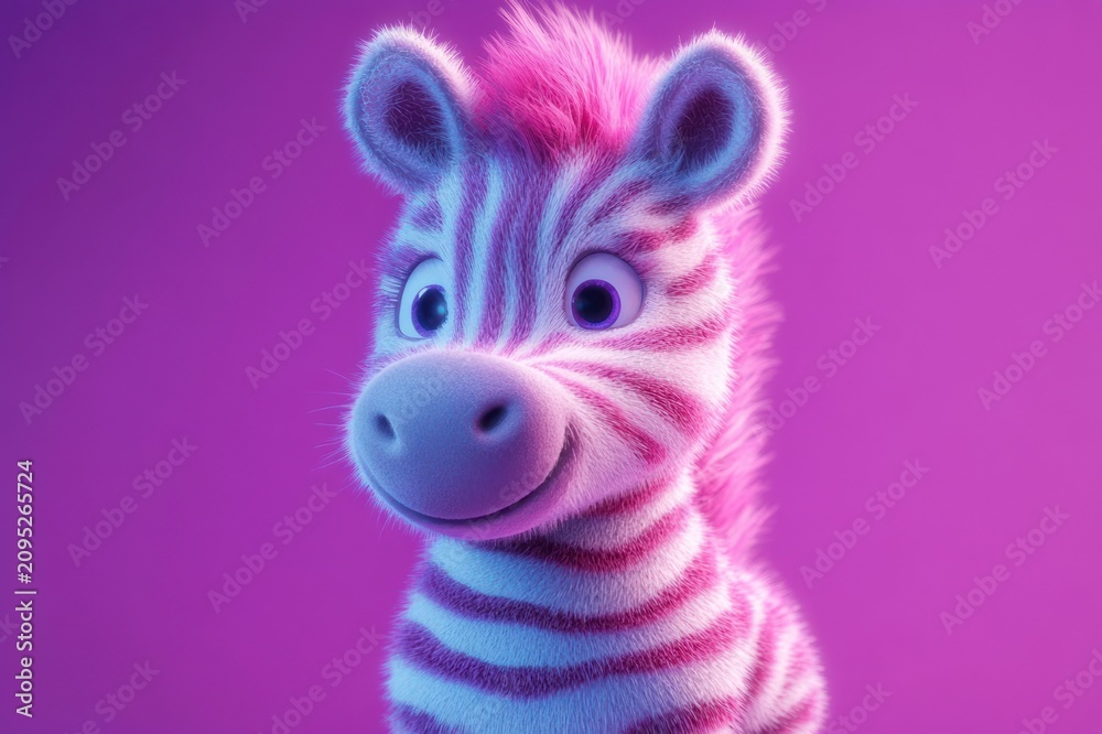 Naklejka premium fuzzy pink-and-white striped zebra with large expressive eyes smiling against a glowing purple backdrop, playful and joyful