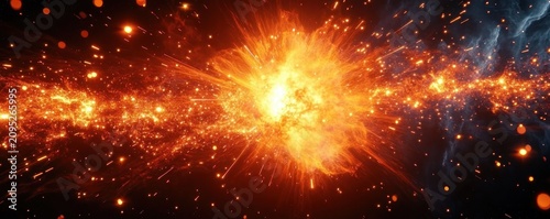 Fiery central explosion with radiating orange sparks and streaking embers across dark space, blue smoky nebula at the edge, intense dramatic energy