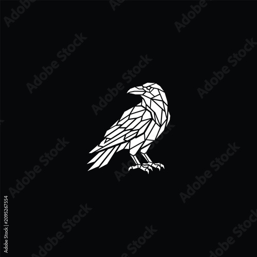 Geometric raven crow perched on black background.