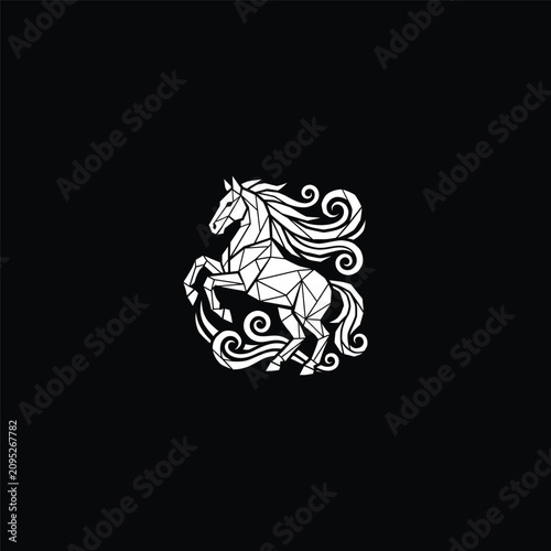 Geometric white horse silhouette rearing with flowing mane.