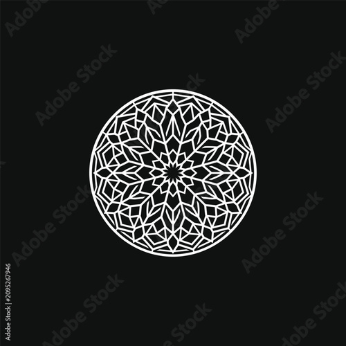 Intricate geometric circular mandala pattern on black.
