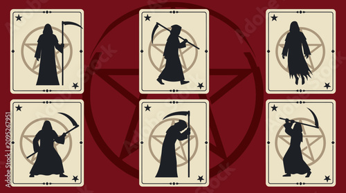 Photography Grim Reaper Silhouette Tarot Card Set with Pentagrams and Scythes
