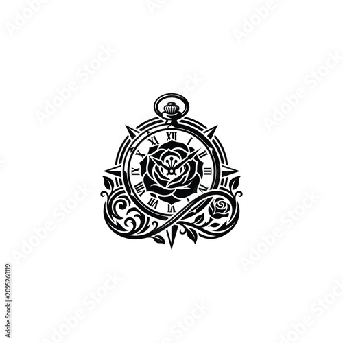 Ornate pocket watch clock face with blooming rose.