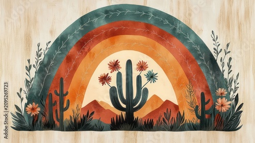 Whimsical warm desert scene with layered teal and terracotta rainbow arches, central flowering saguaro cactus, surrounding cacti, wildflowers and distant mountains, serene rustic mood