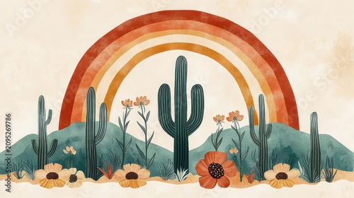 Serene desert illustration with tall saguaro cactus, blooming wildflowers, layered mountains and warm rainbow arches in earthy retro tones