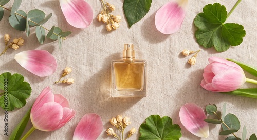 Flat lay mockup of a glass perfume bottle framed by pink tulip flowers and green leaves on beige linen fabric under natural sunlight