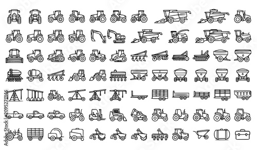 Cuadro en lienzo Black and White Farm Vehicle Line Icon Bundle with Agricultural Machinery and Ha