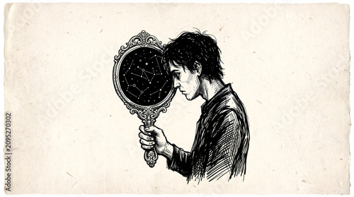 Young man holding an ornate vintage mirror reflecting a starry night sky with constellations