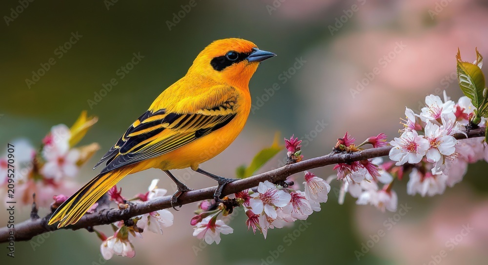 Fototapeta premium vibrant yellow bird with black eye mask perched on a flowering branch dotted with pink blossoms, serene spring scene