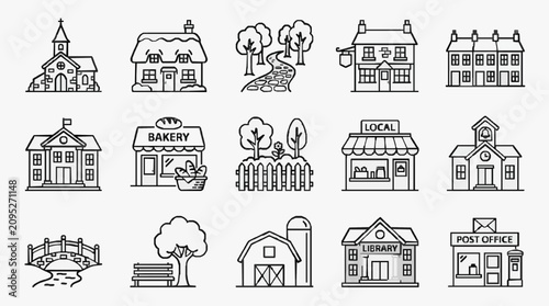 Schilderij op canvas Elegant Black and White Line Drawing Set of Iconic Small Town Landmarks and Buil