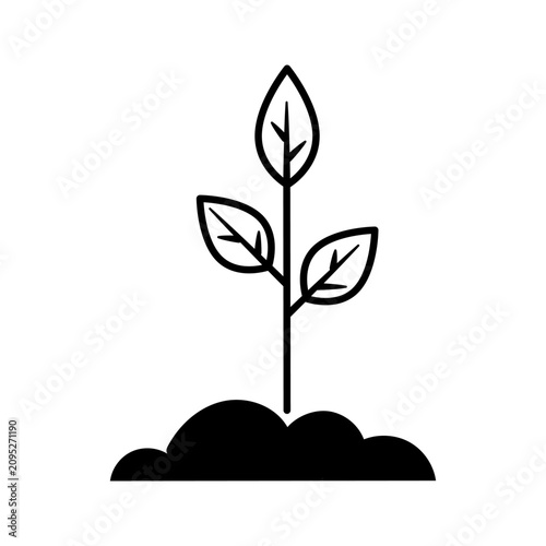Vector icon of a young green sprout with three leaves growing from a small pile of fertile soil or ground